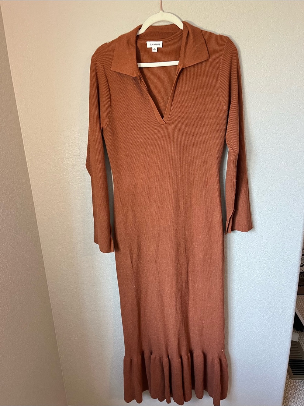 Sugarlips Kendal Collared Sweater Maxi Dress M Chocolate Brown/Orange Fall